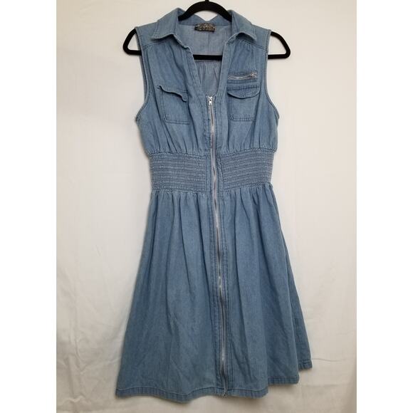 J Glee Women's Denim Sun Dress Smocked Waist Zip Front Pockets V-neck See Measm - Picture 1 of 8